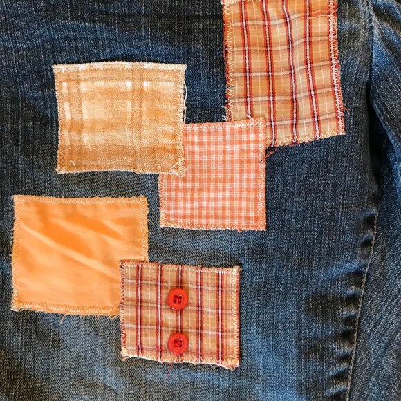 Boho Patchwork Cutoffs, M: Upcycled Denim Cut-Off Shorts, Orange Brown Plaid - Picture 7 of 9